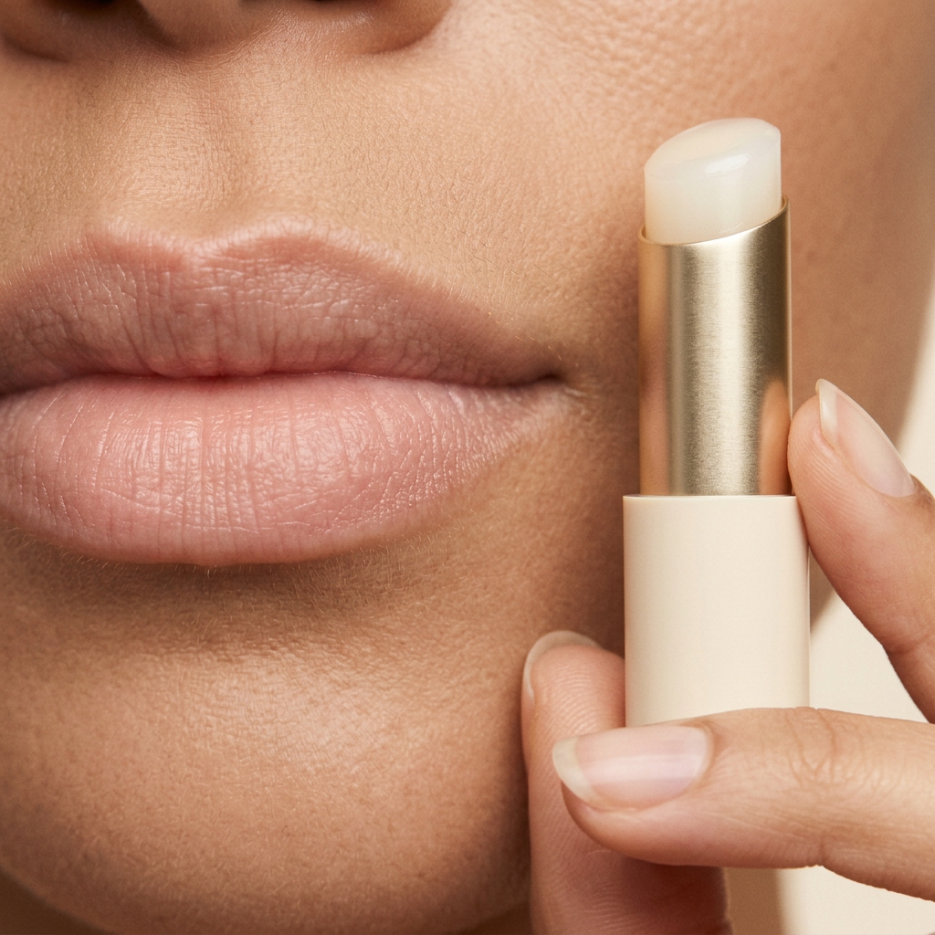 Labios con bálsamo al lado